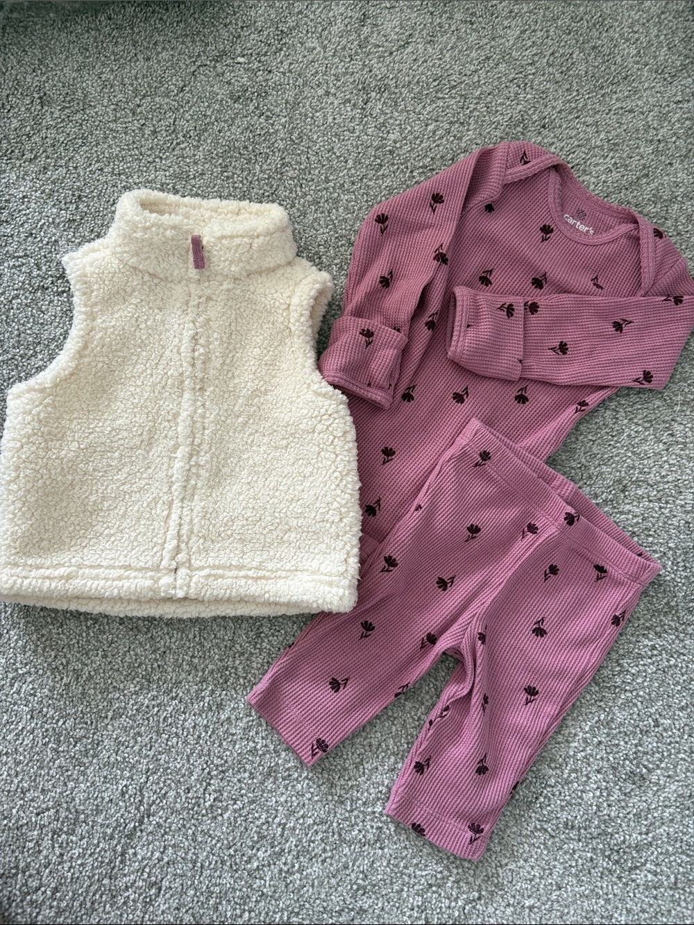 Carter's Mauve Floral Ribbed Set with Sherpa Vest